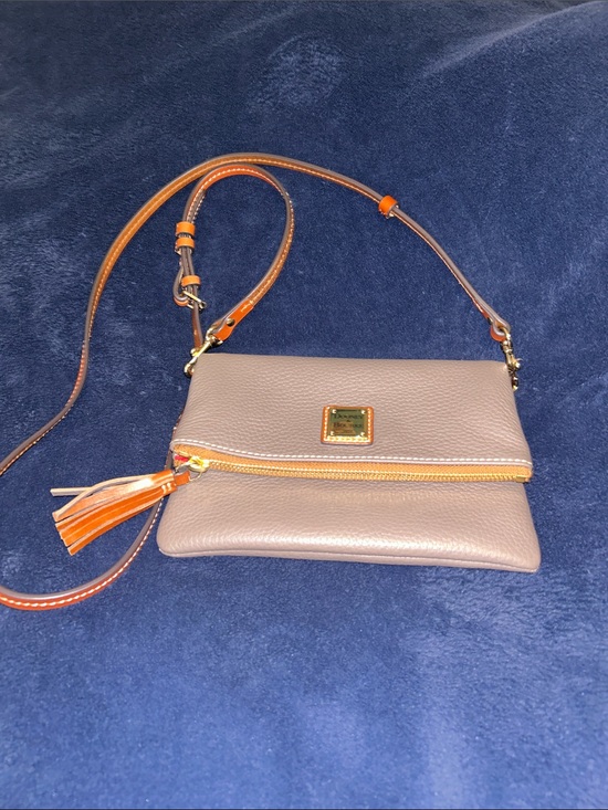 Dooney& Bourke Handbags - Dooney & Bourke Pebble Leather Crossbody Bag in Taupe with Orange Strap